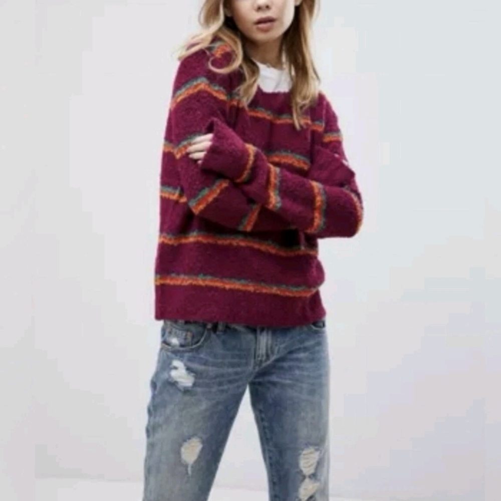 Free People Best Day Ever Maroon Striped Alpaca Crewneck Sweater Size Large